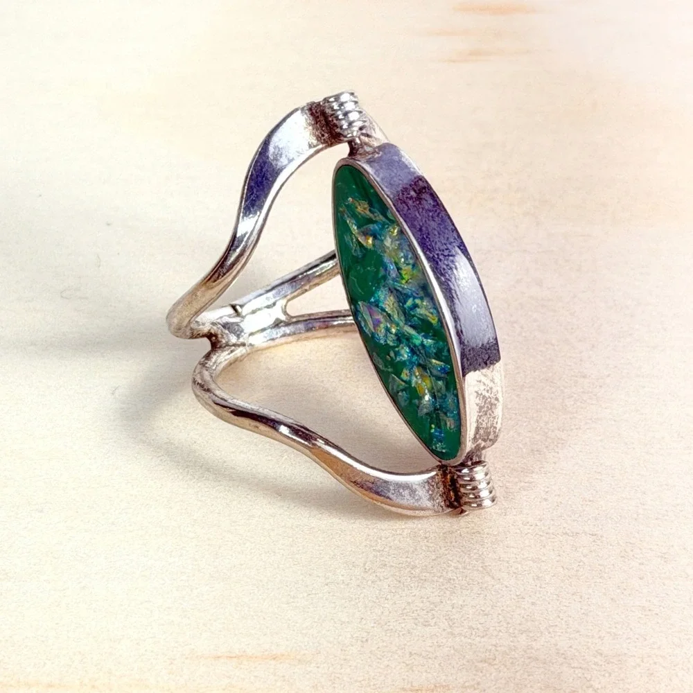 RARE Vintage Taxco Sterling Silver Green Opal Blue Lapis Reversible Flip Ring
